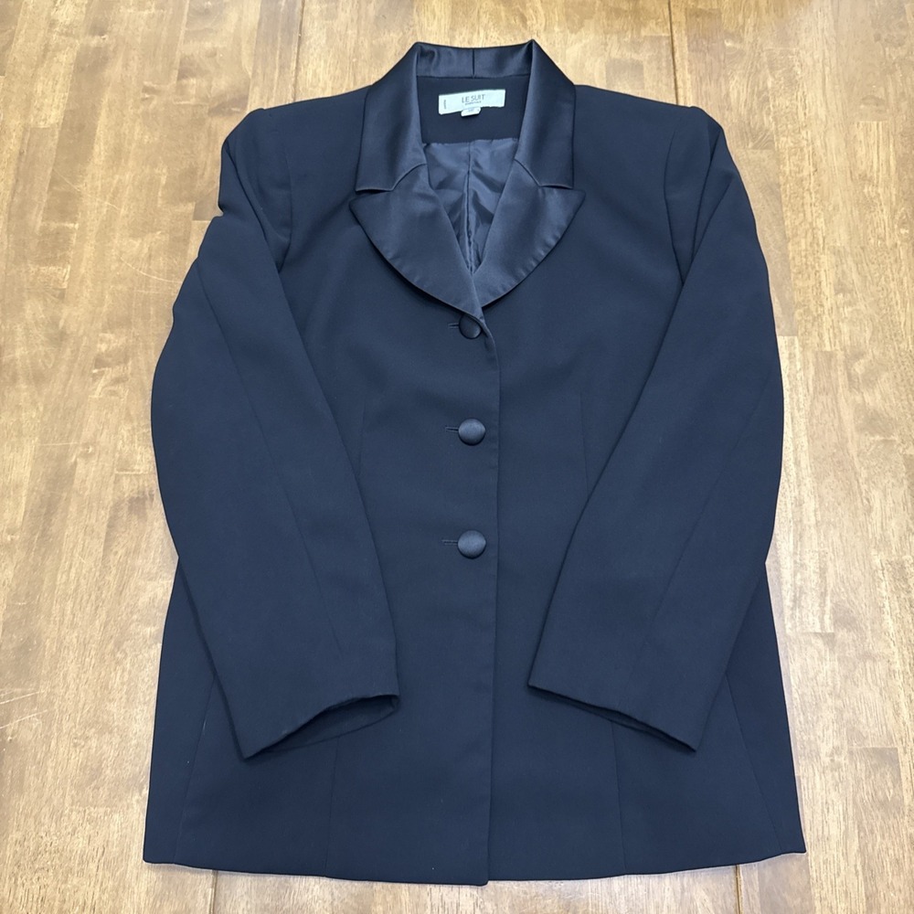 Le Suit satin blazer pant suit set women's 14P petite black 2 piece formal event - Picture 4 of 16
